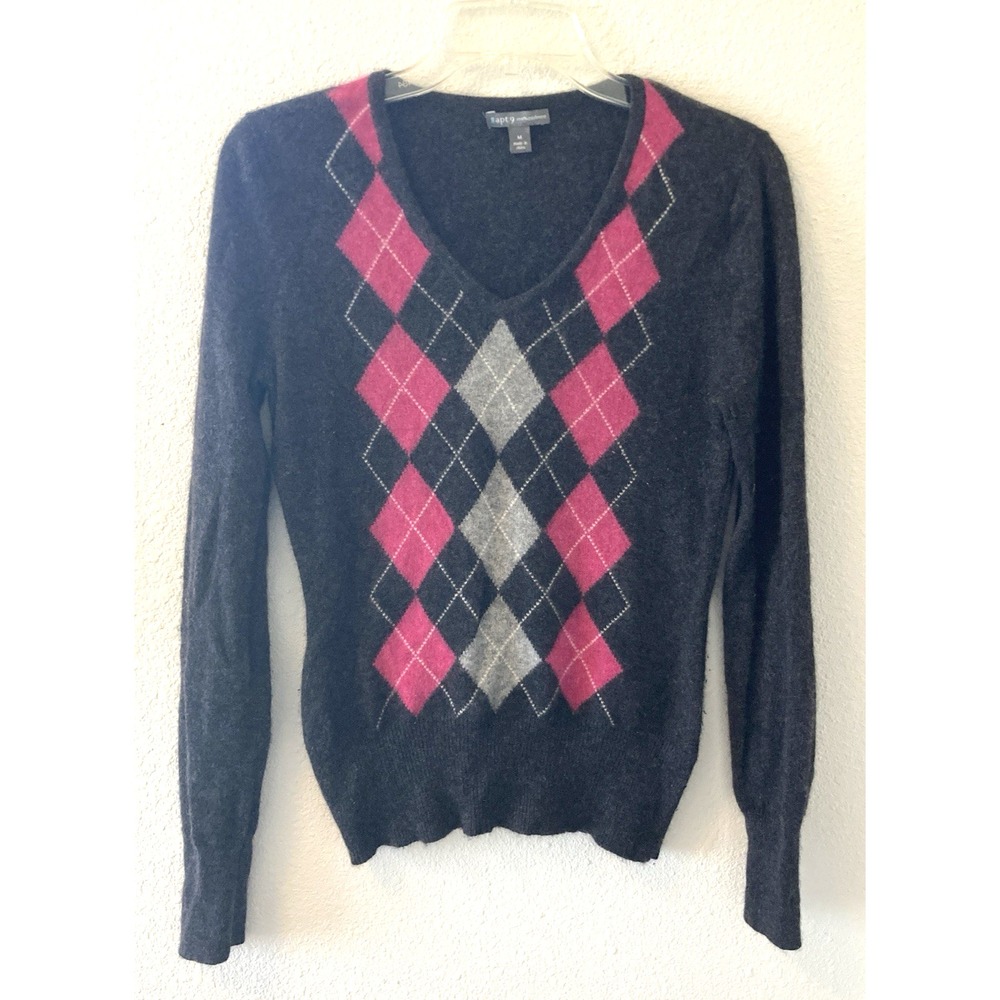 Apt. 9 Women's Sweater Size M Fits Like XS/SM 100% Cashmere Argyle V-Neck